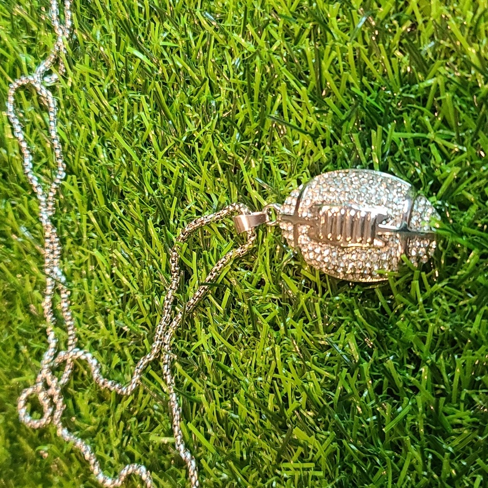 Football silvertone rhinestone pendant with chain Any Gender NWT